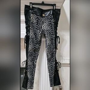 Leopard Print Faux Leather Lace-Up Leggings Stretchy Animal Print Pants